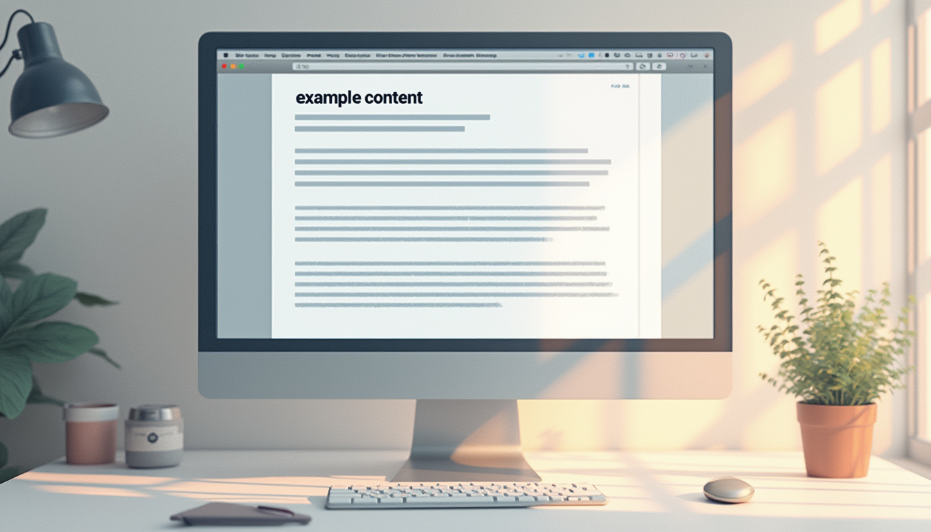 Computer monitor on a desk displaying text titled 'example content' with a plant, lamp, and office supplies nearby.